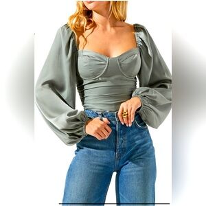 Astr Sage Green Puff Sleeve Top
